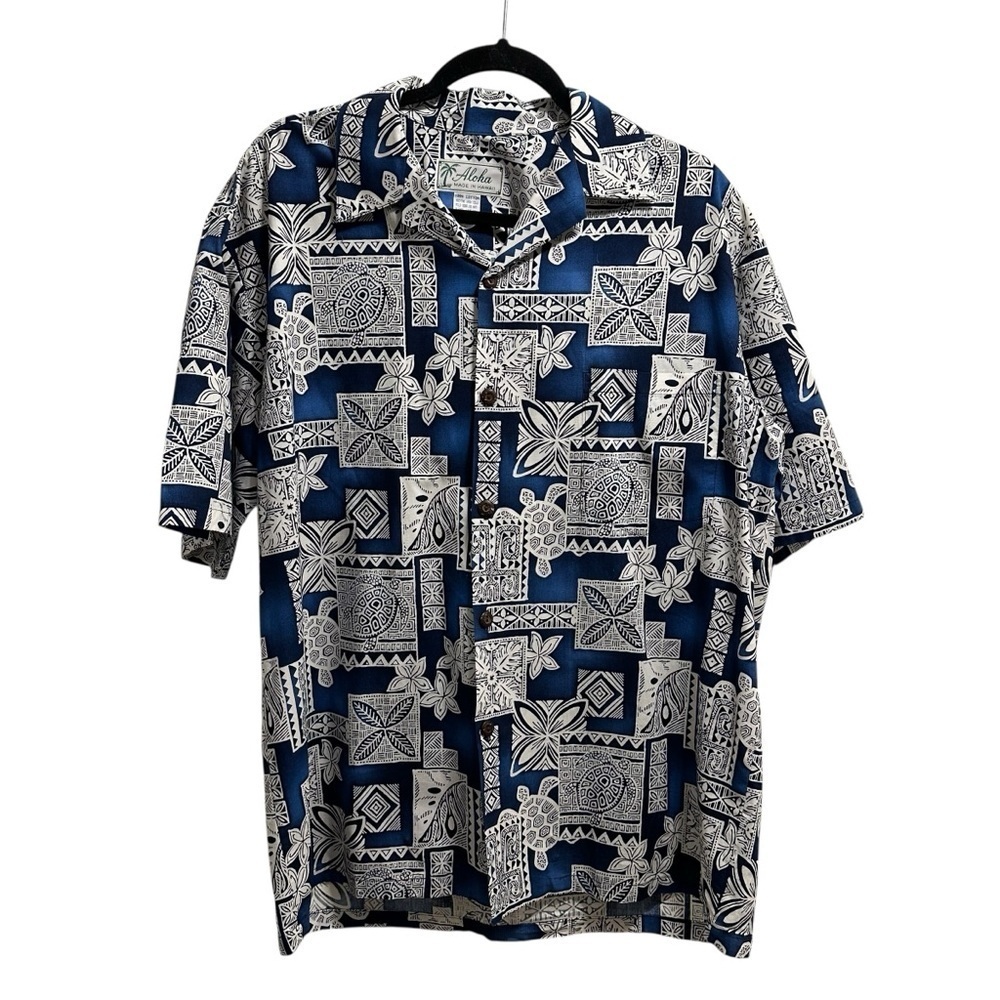 Vintage Aloha Hawaiian button down shirt Size L 100% cotton in blue white
